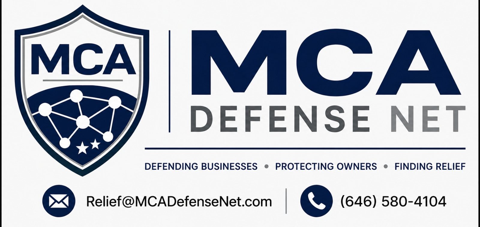 MCA Defense Net logo featuring a shield symbol representing protection for businesses and owners facing merchant cash advance lawsuits.