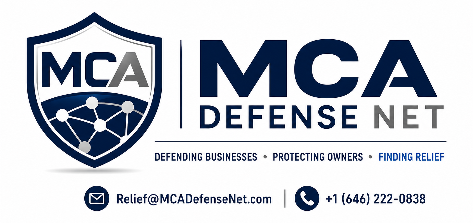 Merchant Cash Advance Defense Network MCA Defense Net logo featuring a shield symbol representing protection for businesses and owners facing merchant cash advance lawsuits.